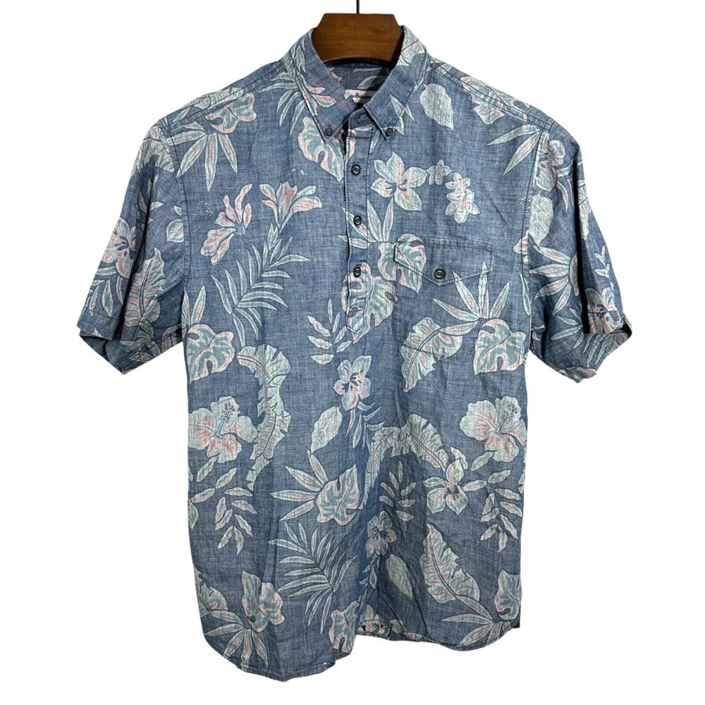 TOMMY BAHAMA Blue Pink Hawaiian‎ Tropical Cotton Short Sleeve Shirt Men's Medium